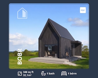 Skandinavian house plans with loft Bedroom, 350 sq ft Tiny House, Small Cabin Home, Modern ADU plans, Prefab plans, Blueprints PDF