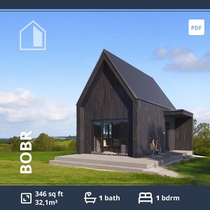 1 loft Bedroom Cabin Home, 350 sf Barndominium floor, Tiny House plans, Small Modern ADU plans, Prefab home kit, Custom house drawing