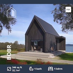 Skandinavische Hauspläne mit 1 Loft Schlafzimmer, 350 Quadratfuß kleine Hauspläne, kleines Cabin Home, moderne ADU-Pläne, Fertigbaupläne, Blueprints-Pläne