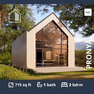 May include: A contemporary house design in light tones, featuring a large glass facade, set amidst trees and mountains. The design includes the text "PRONYA" and details: 66.4 sq m, 1 bath, and 2 bdrm. The image also includes the text "PDF".