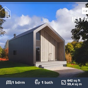 ADU plans with 1 loft bedroom, Barndominium Floor plans, 650 sq ft Tiny Home for sale, Modern Small Cabin, Prefab Tiny House kit, Blueprints