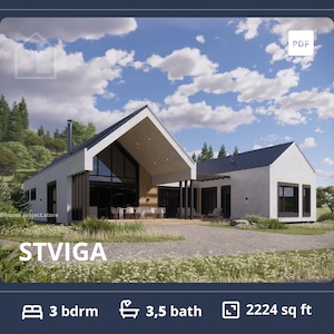 Barndominium-plattegronden met 3 slaapkamers en garage voor 2 wagens, plattegronden moderne cottage met 3,5 badkamers, Scandinavisch huis, ontwerptekeningen op maat blauwdrukken
