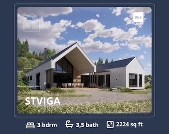 Op de afbeelding: Architecturale weergave van een modern huis met een witte gevel en een donker dak. Het huis heeft grote ramen, een overdekte patio en een tuin. De tekst "STVIGA" wordt weergegeven, samen met 3 slaapkamers, 3,5 badkamers en 206,61 vierkante meter.