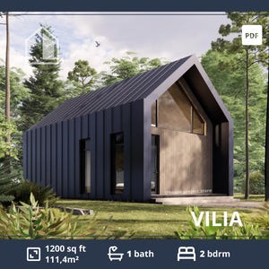 Scandinavische plattegronden met 2 slaapkamers, 1200 vierkante voet Tiny Barndominium-plattegronden, moderne kleine hut met vide, pdf-tekening aangepaste woning