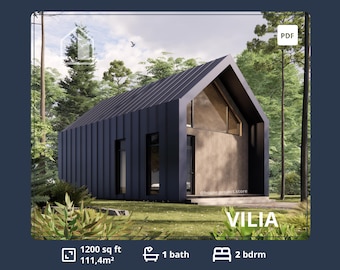 Skandinavian house plans with 2 bedroom, 1200 sq ft Tiny Barndominium floor Plans, Modern Small Cabin with loft, Custom house drawing PDF