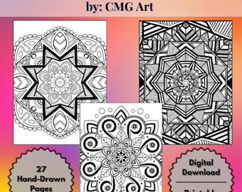 Peut inclure: Trois pages à colorier de mandalas en noir et blanc. Les pages présentent des motifs complexes avec des motifs géométriques et floraux. Le texte "27 pages dessinées à la main" et "Téléchargement numérique imprimable" est inclus.