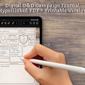 Puede incluir: Un diario de campaña de D&D digital en una tableta, con el texto "Digital D&D Campaign Journal (Hyperlinked PDF + Printable Version)". Una mano usa un lápiz óptico para escribir en la hoja de personaje. La hoja incluye campos para estadísticas y habilidades.