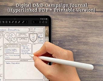 Pode incluir: Um diário de campanha D&D digital em um tablet, com o texto "Digital D&D Campaign Journal (Hyperlinked PDF + Printable Version)". Uma mão usa uma caneta para escrever na ficha do personagem. A ficha inclui campos para estatísticas e habilidades.