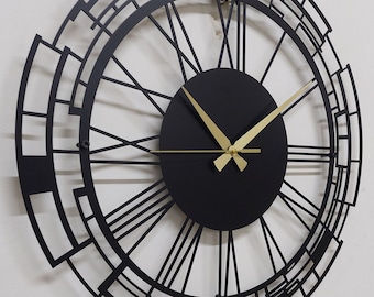 Handmade Large Black Metal Wall Clock: Contemporary Silent Wall Art