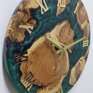 Custom Made Olive Wood Wall Clock, Gold Plexi Number Epoxy and Olive Wood Wall Clock, Rustic Olive Wall Clock, Unique Handmade Wall Decor