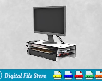 Laser Cut Monitor Stand File: Wooden Desktop Organizer (SVG, DXF, PDF)