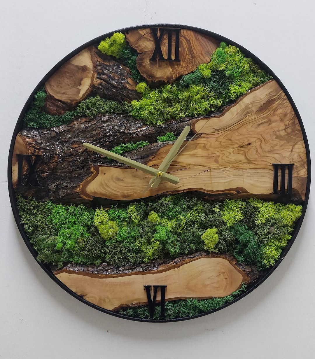 Custom Olive Wood Wall Clock With Preserved Moss Art - Etsy