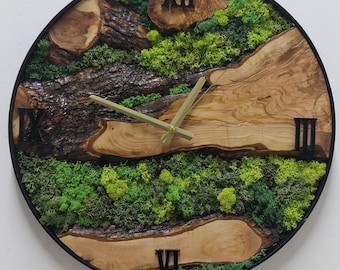 Reloj de pared de madera de olivo y musgo personalizado, reloj de pared de metal y madera de olivo, reloj de pared de madera de olivo y arte de pared de musgo, musgo estabilizado preservado