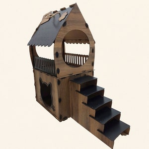 XL Zweistöckiges Katzenhaus aus Holz: Personalisiertes Katzenmöbel
