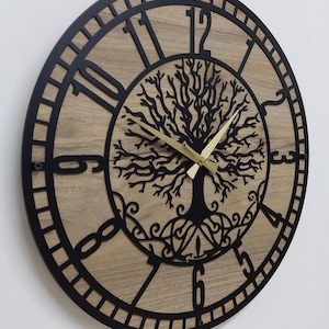 Large Tree Of Life Clock, Metal and Wood Wall Clock, Unique Wall Clock, Living Room Oversized Wall Clock, Black Wall Clock, Wood Patterned