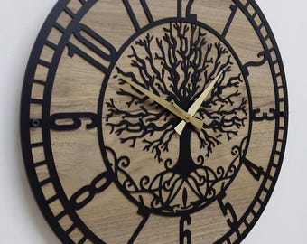 Orologio da parete Albero della vita fatto a mano: metallo nero e legno