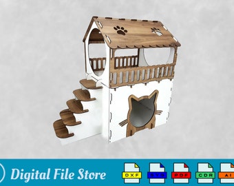 Zweistöckiges Katzenhaus Digitale Download-Dateien mit Installationsanleitung, Haustier-Haus-Svg Laser-Schnitt