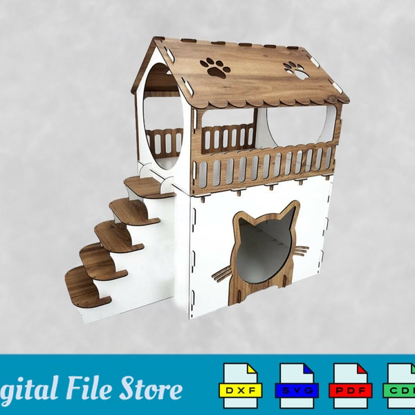 File di download digitale per Cat House a due piani con guida all'installazione, taglio laser Svg per Pet House