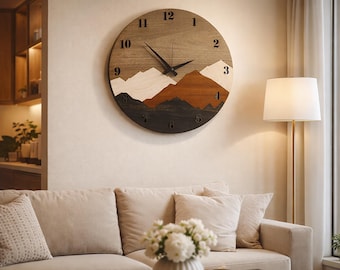 Layered Mountain Wooden Clock, Laser Cut Nature Wall Art, MDF Home Decor