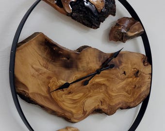 Oversize Olive Wood & Metal Wall Clock - Farmhouse Rustic Decor