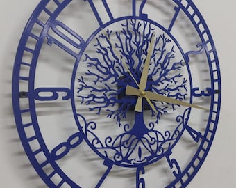 Handmade Navy Blue Metal Tree of Life Wall Clock