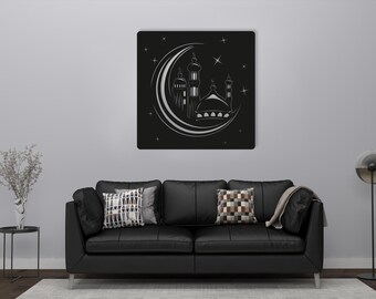 Islamic Moon and Mosque Wood Wall Art: Ramadan Eid Decor