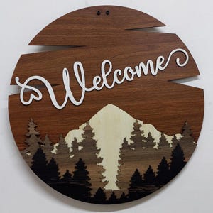 Wooden Welcome Door Hanger: Mountain Nature Wall Art