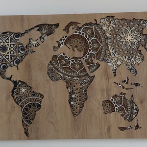 Wereldkaart mandala kunst aan de muur, wereldkaart, kunst aan de muur, wanddecoratie, gelaagde mandala, grote houten wereldkaart, 3D-muurkunst
