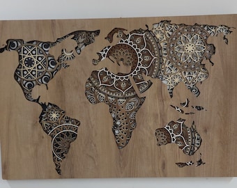 Layered Wood World Map Mandala: 3D Wall Art