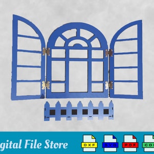 May include: A blue wooden window with a picket fence at the bottom. The window is divided into three sections, with the middle section being a large arched window. The window is designed to be cut out of wood.