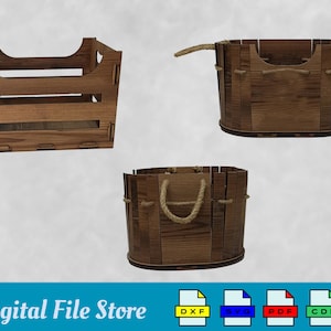 3 maten houten mand svg, bloemenmand dxf, lasergesneden decoratieve mand digitale bestanden, paasmandje, opbergdoos vectorsjabloon