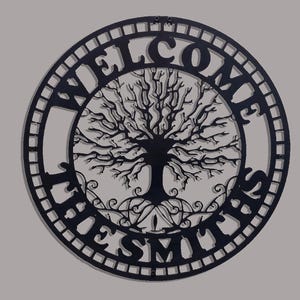 Custom Metal Welcome Tree of Life Sign, Personalized Metal Wall Art Deco, Metal Home Sign, Wall Hanging Door Sign, Welcome Sign, Unique Gift