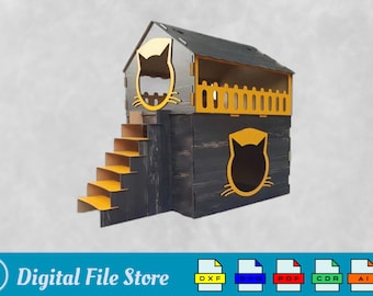 Casa para gatos de dos pisos SVG, casa para mascotas DXF, plano de corte láser