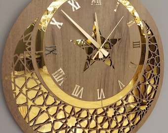 Handmade Star and Crescent Wooden Wall Clock with Plexiglass
