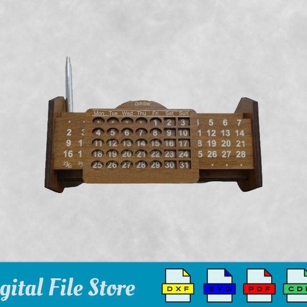 Ewiger Kalender Digital Download Datei, Kalender svg, Stifthalter mit Kalender dxf