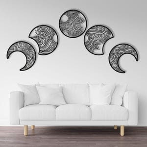 Mandala Moon Phase Wood Wall Art: Handmade Wooden Decor (5 pcs)
