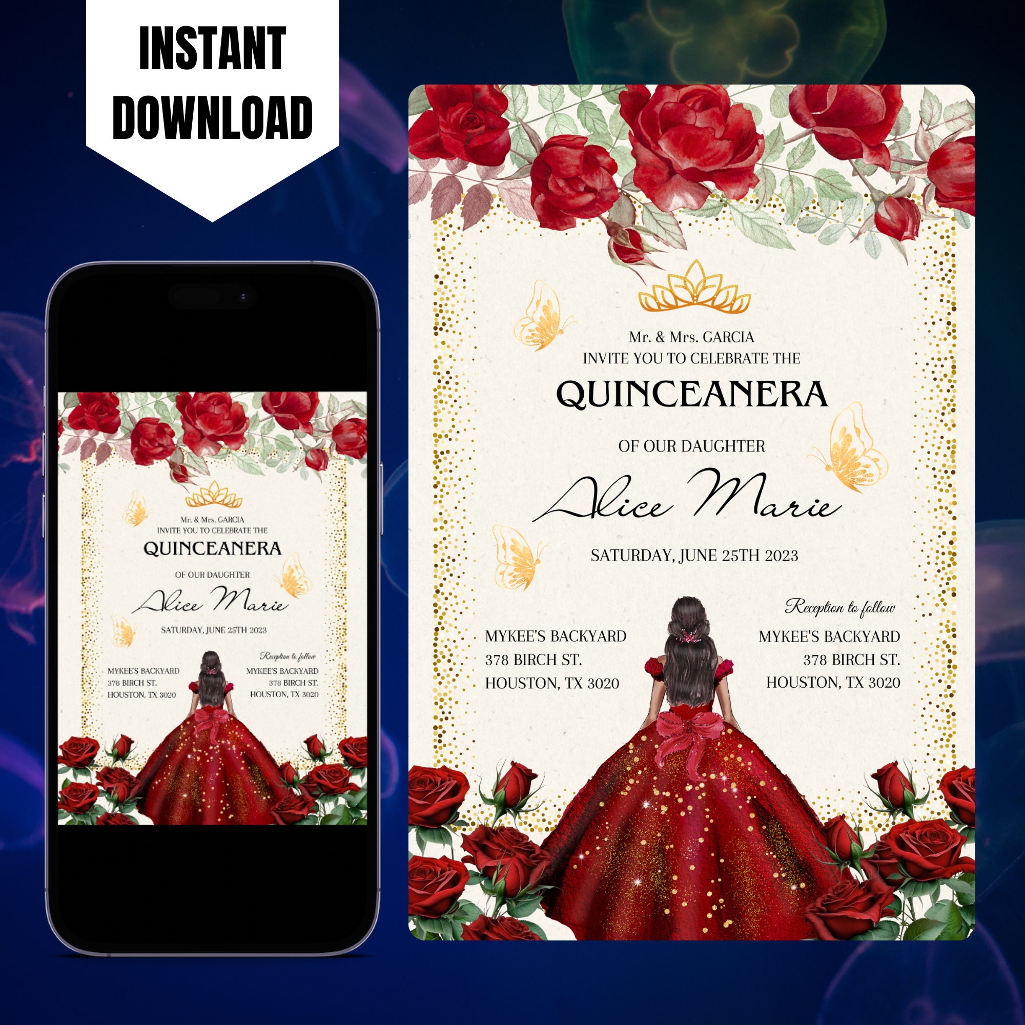 Editable Red Floral Gold Butterflies Princess Quinceañera Invitation Mis Quince 15 XV Sweet 16 Birthday Invite Template
