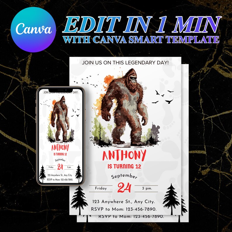 Editable Bigfoot Invitation, Printable Bigfoot Legendary Day Birthday ...