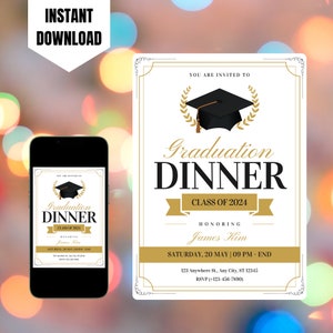 Plantilla de invitación a la cena de graduación editable, invitación a la cena de graduación imprimible, invitación digital a la graduación de la clase de 2024