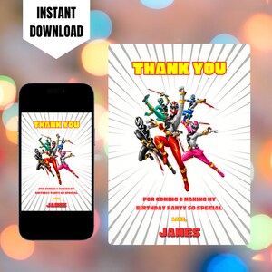 Editable Power Rangers Birthday Thank You Card Template, Printable ...