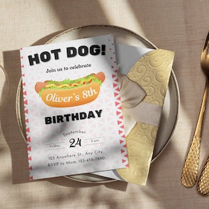 Editable Hot Dog Birthday Party Invite, Printable Hot Dog Birthday Invitation, Digital Kids Hot Dog Party Invitations Template Canva