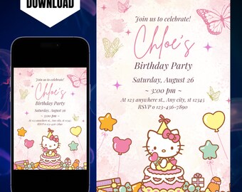 Editable Kitty Birthday Party invitation Kitty And Friend Invitation Kwai Party Editable Birthday Invitation Canva Birthday Invitation