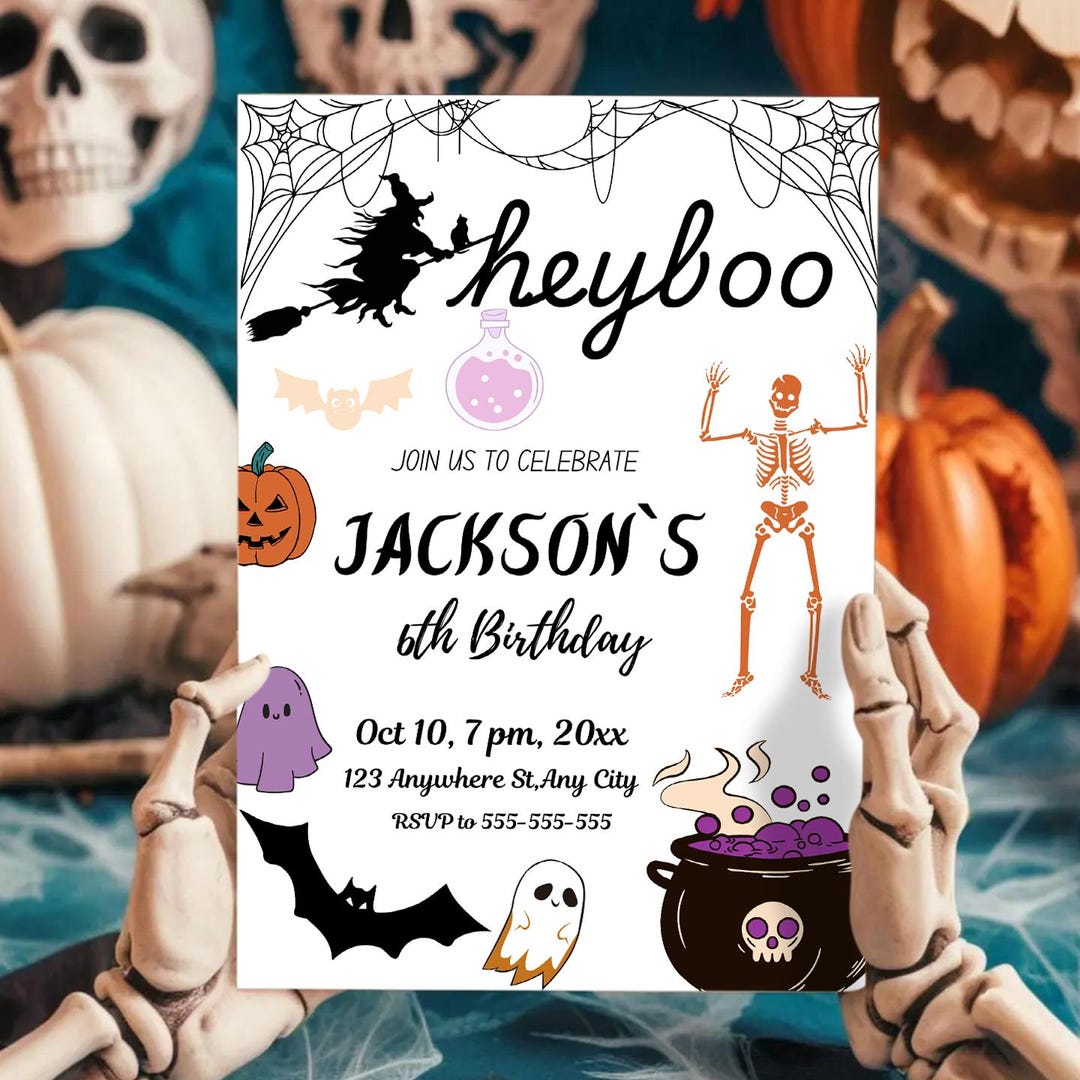 Hey Boo Skeleton Editable Hey Boo Halloween Invite, Digital Skeleton Halloween Party ...