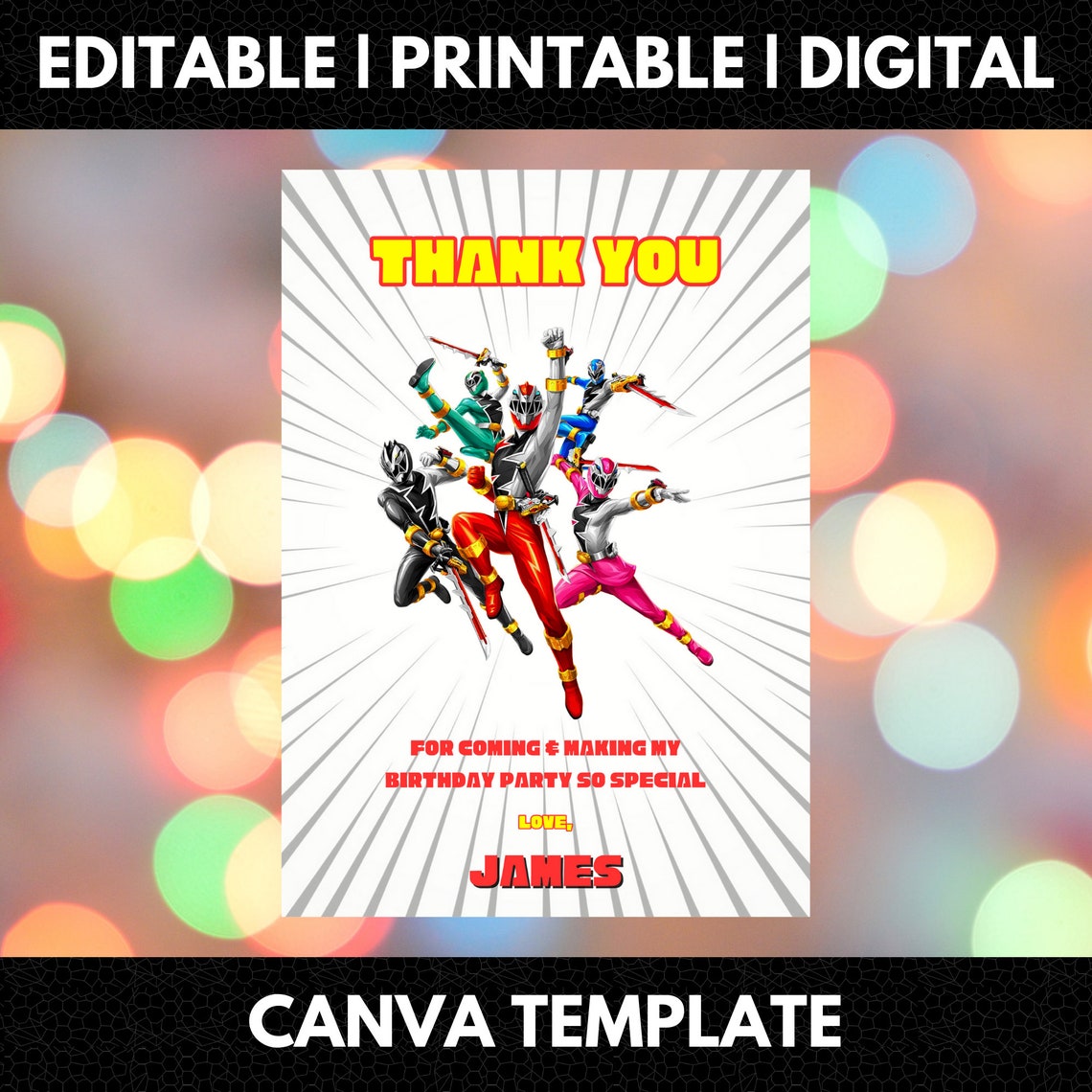 Editable Power Rangers Birthday Thank You Card Template, Printable ...