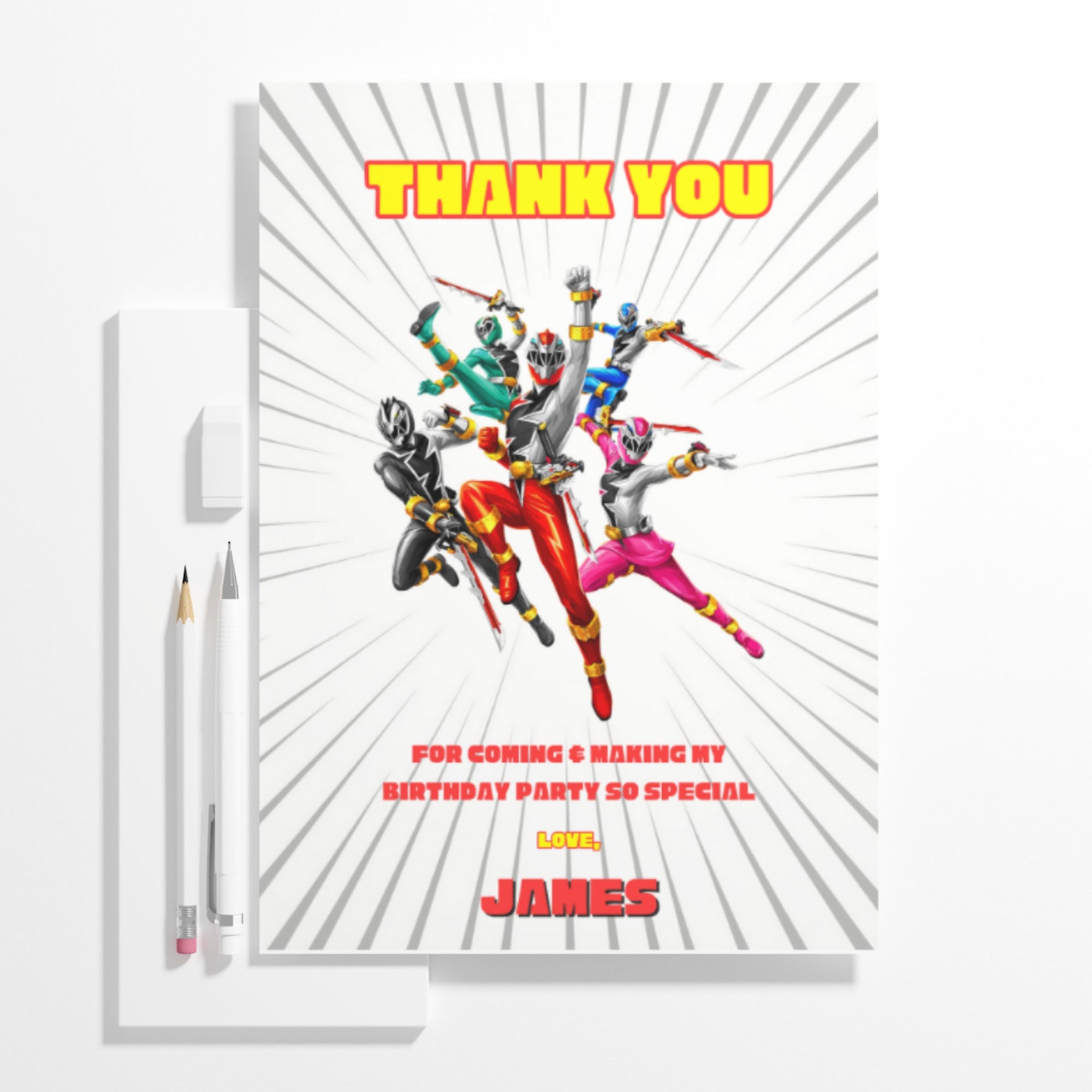 Editable Power Rangers Birthday Thank You Card Template, Printable ...