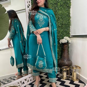 Pakistani Designer Chinon Silk fully embroidered Sequence Work Readymade Salwar Kameez Stitched Wedding Wear Suits