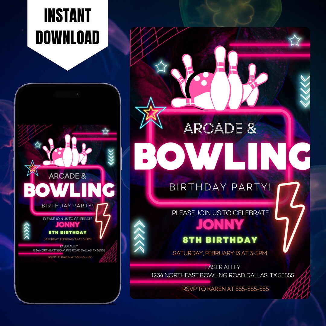 Editable Arcade Bowling Birthday Party Invite Printable Boy Neon Glow ...