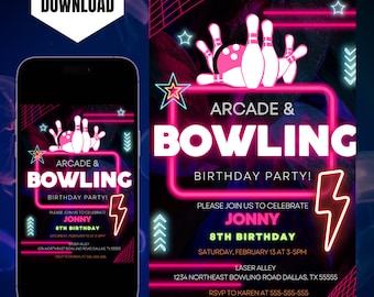 Editable Arcade Bowling Birthday Party Invite Printable Boy Neon Glow Bowl Games Invite Boys Digital Instant Download Template