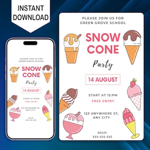 Editable Snow Cone Party Invitation, Printable Snow Cone Birthday Invite, Digital Kids Snowcone Summer Party Invitation Canva Template