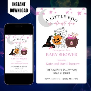 Editable Pink A Little Boo Baby Shower Invitation, Girl Halloween Baby Shower Invite, Ghost Halloween Baby Shower Invite